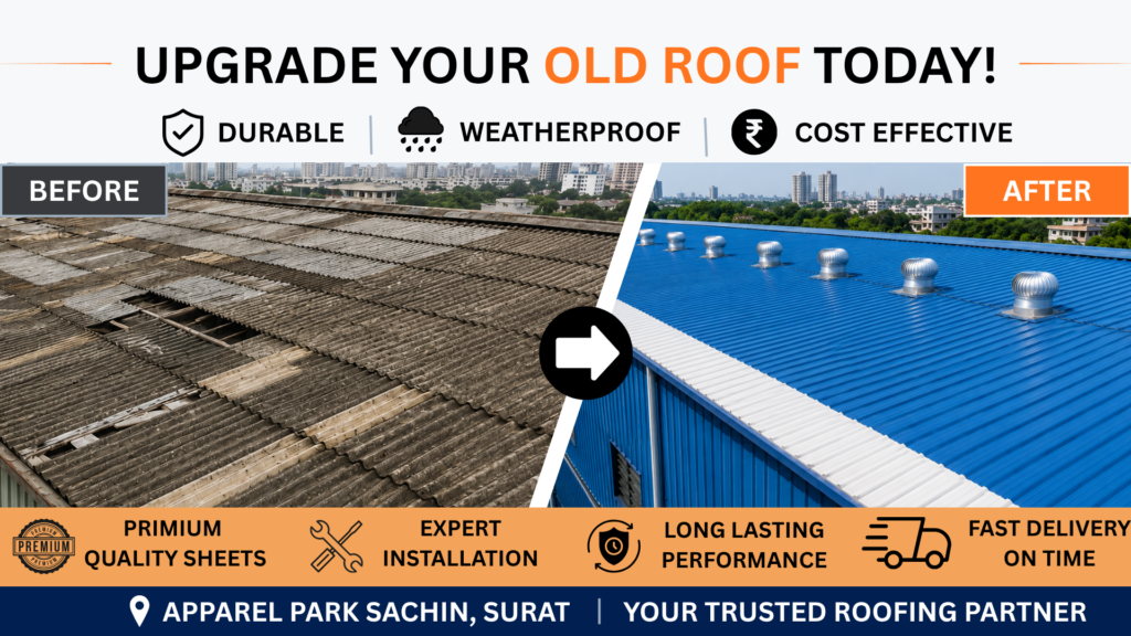 Premium industrial roofing sheets installed on a modern warehouse building in Surat, Gujarat, including PPGI, PPGL, aluminium, and UPVC roofing solutions for factories and industrial sheds.
