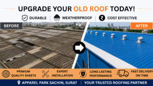 Premium industrial roofing sheets installed on a modern warehouse building in Surat, Gujarat, including PPGI, PPGL, aluminium, and UPVC roofing solutions for factories and industrial sheds.