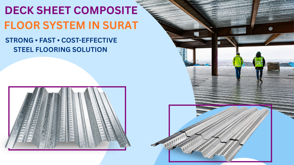Galvanized steel deck sheet used as composite floor system and mezzanine floor in industrial building project in Surat
