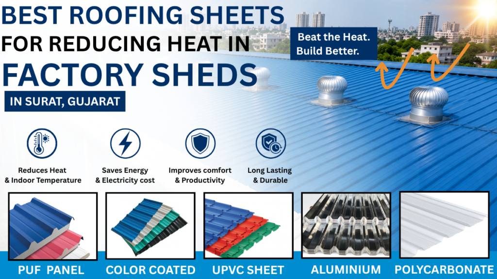 Best heat-resistant roofing sheets for factory sheds in Surat, Gujarat including PUF panels, color coated roofing sheets, UPVC roofing sheets, aluminium roofing sheets, and polycarbonate sheets for industrial buildings.