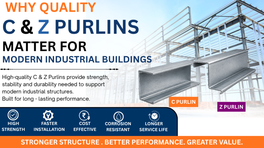 High-quality GI & MS C and Z Purlins for industrial buildings, warehouses, and PEB structures manufactured by Bhagwati Steel Building in Surat, Gujarat.