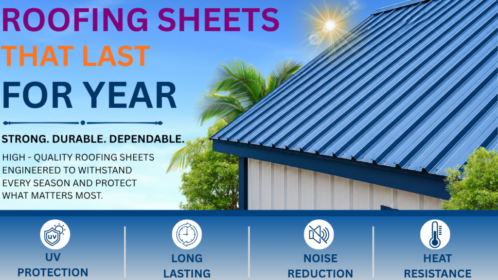 Premium roofing sheets installed on an industrial building, providing weather resistance, UV protection, heat reduction, noise control, and long-lasting durability for industrial and commercial applications. for monsoon