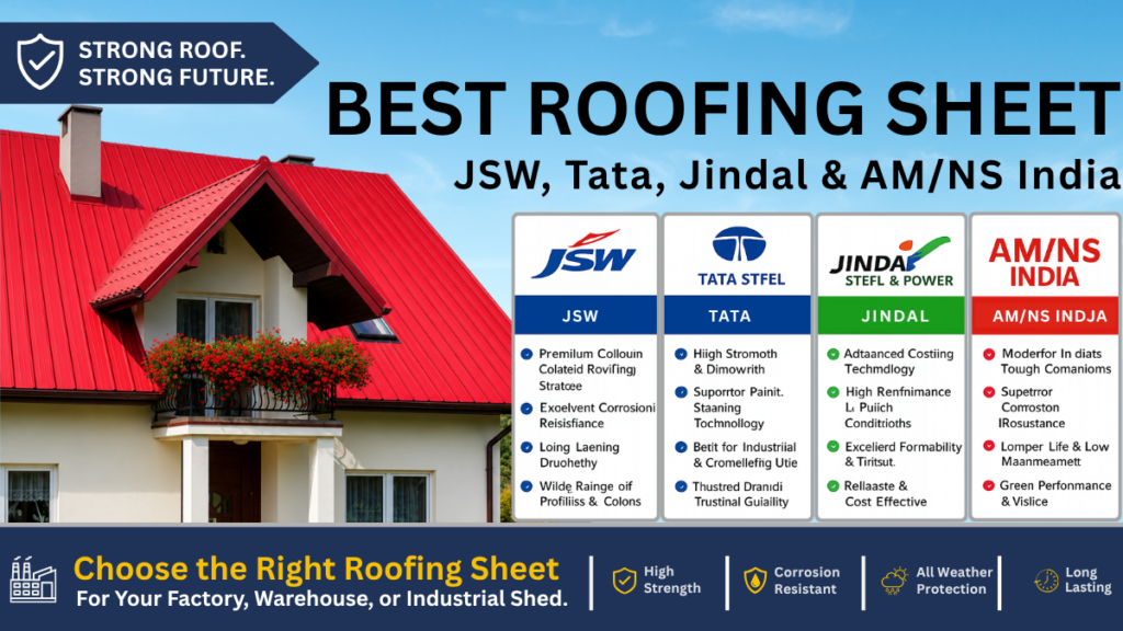 JSW vs Tata vs Jindal vs AM/NS roofing sheets comparison featuring the best PPGI and PPGL roofing sheet brands for industrial, commercial, agricultural, and residential buildings in India.