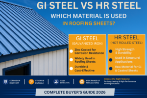 Comparison of GI Steel and HR Steel roofing sheets showing strength, corrosion resistance, applications, and roofing performance.